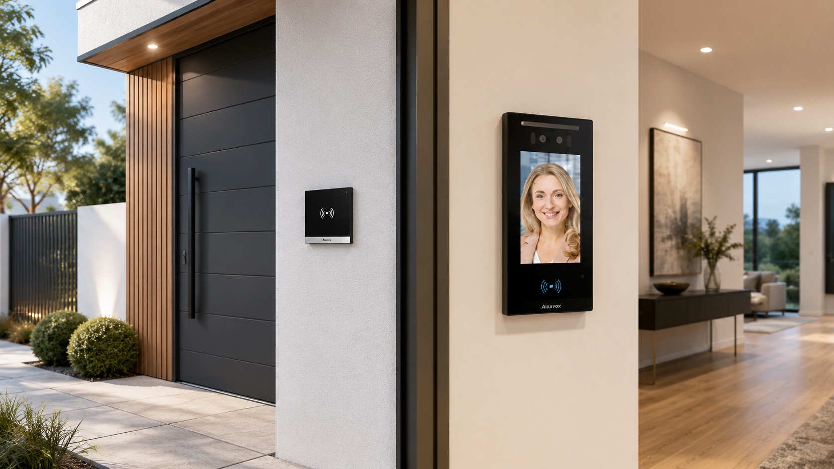 Interphone et lecteur Akuvox installés à une entrée